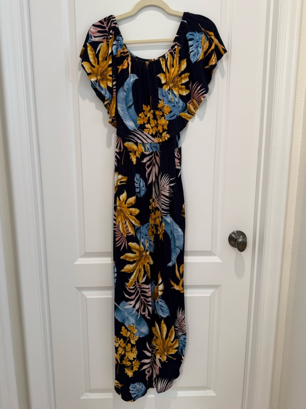 Tropical Off-Shoulder Maxi Dress in Navy with Mustard & Blue Floral Print